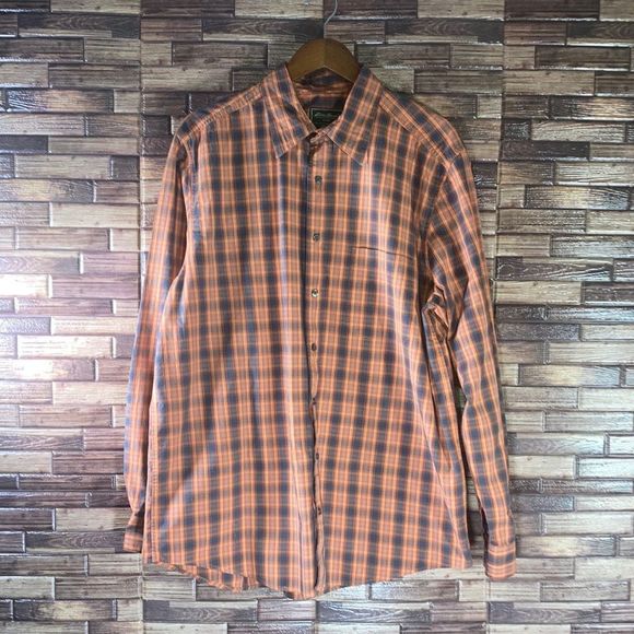 Mens Large Tall Eddie Bauer Mens Orange Plaid Long Sleeves Button Up - Picture 1 of 9